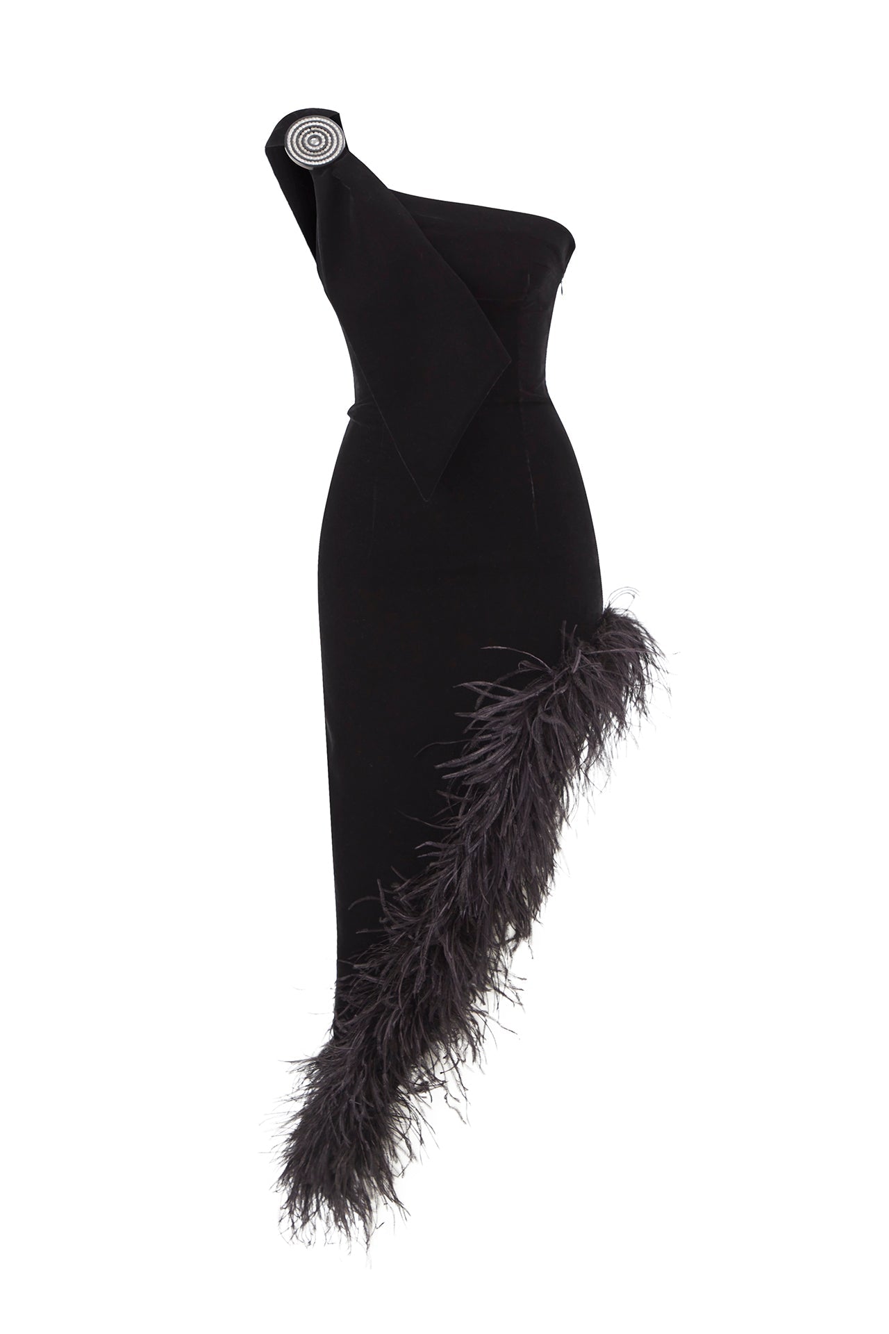 velvet-asymmetrical-midi-dress-with-feather-details raisa_vanessa velvet-asymmetrical-midi-dress-with-feather-details