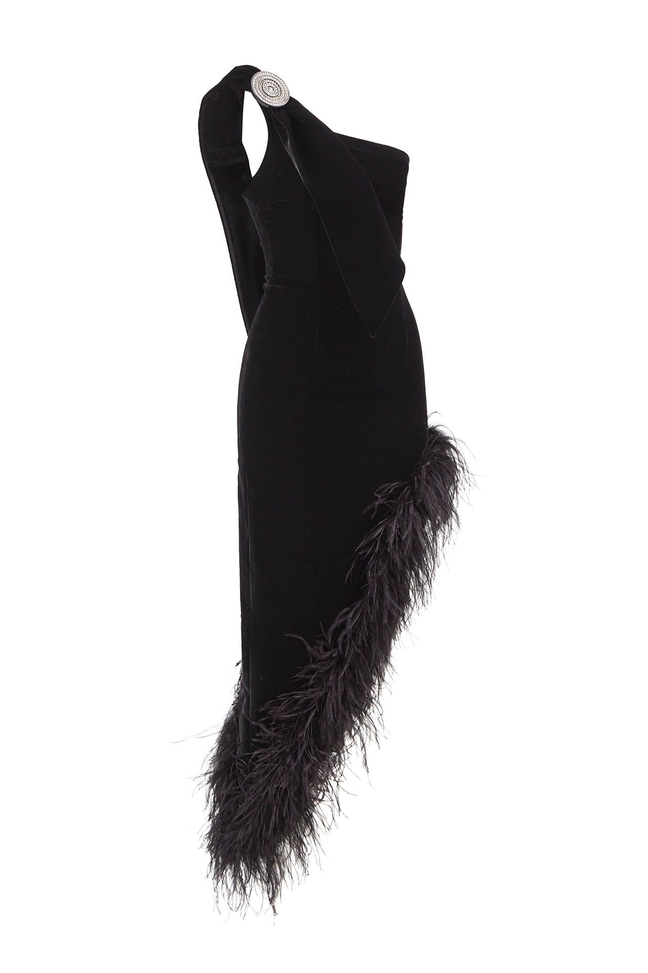 velvet-asymmetrical-midi-dress-with-feather-details raisa_vanessa velvet-asymmetrical-midi-dress-with-feather-details