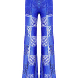 Square Patterned Crystal Embellished Lace Flared Pants