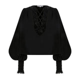Long Baloon Sleeved Top With Crystal Embellishment Neck Detail