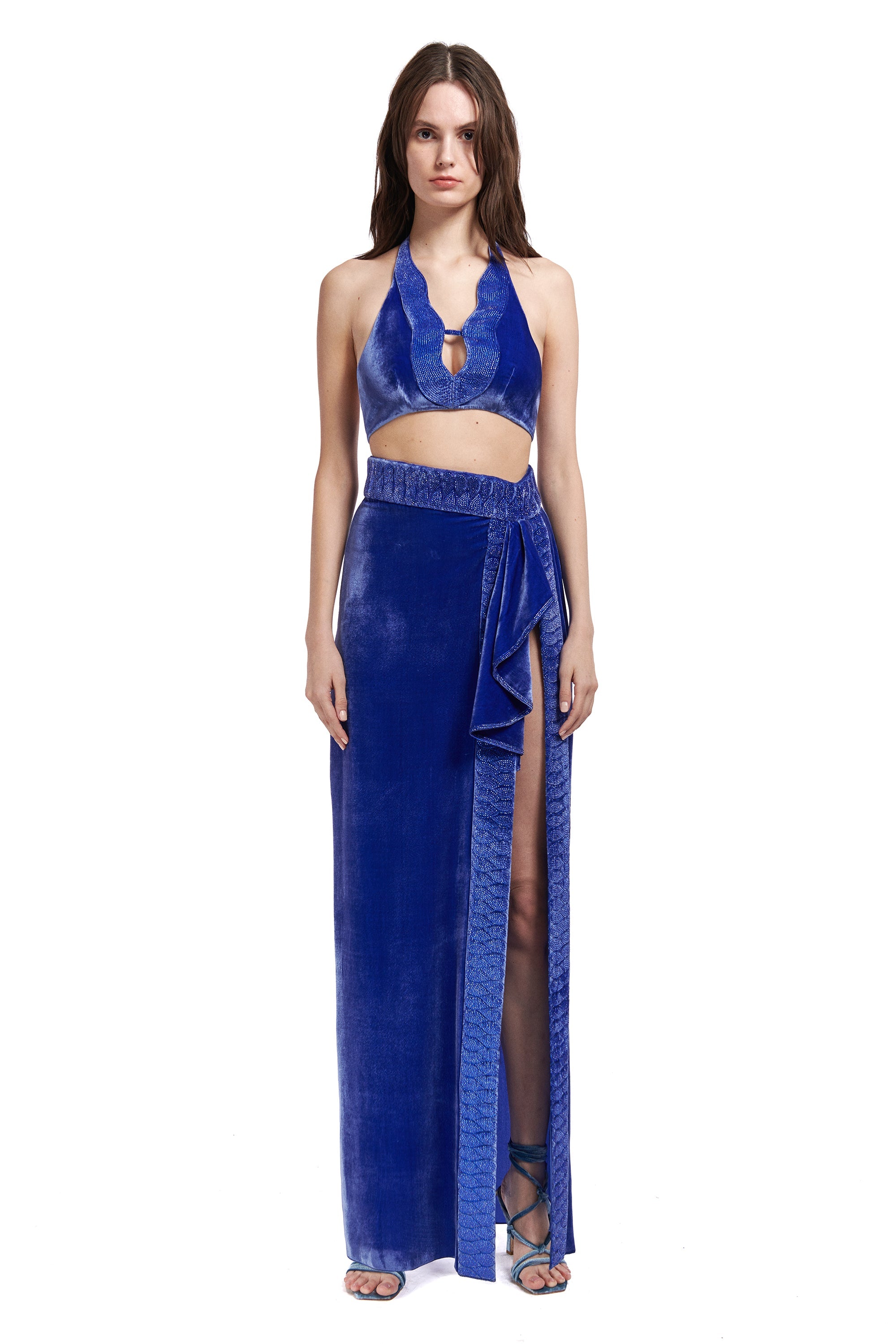 FW22-T-787 -Saxe-Blue-36 raisa_vanessa halter-neck-silk-velvet-top-with-crystal-embellished-detail