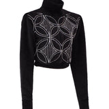 High Neck Velvet Knit Sweater With Crystal Embroidered