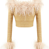 Glittered Knit Corset Top With Feather Details