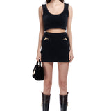 Velvet Yarn Mini Skirt With Gold Gun Buckles