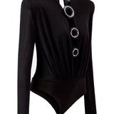 V Neck Bodysuit With Crystal Buttons