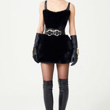 FW24-D-1001-Black-34 raisa_vanessa black-leather-mini-dress-with-fur-skirt-and-gold-buckle-detailed-belt