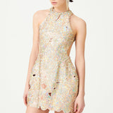 Nacreous Sequin Embroidered Flower Brouded Silk Halter Neck Mini Dress