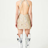 Nacreous Sequin Embroidered Flower Brouded Silk Halter Neck Mini Dress