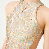 Nacreous Sequin Embroidered Flower Brouded Silk Halter Neck Mini Dress