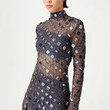 Anthracite Handmade Knitted Sequin Embroidered Long Sleeve High Neck Backless Gown