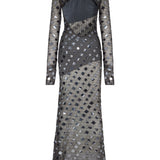 Anthracite Handmade Knitted Sequin Embroidered Long Sleeve High Neck Backless Gown