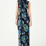 Stretchy Velvet Flower Patterned Stone Printed Halter Neck Gown