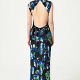 Stretchy Velvet Flower Patterned Halter Neck Gown