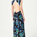 Stretchy Velvet Flower Patterned Stone Printed Halter Neck Gown