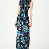 Stretchy Velvet Flower Patterned Halter Neck Gown