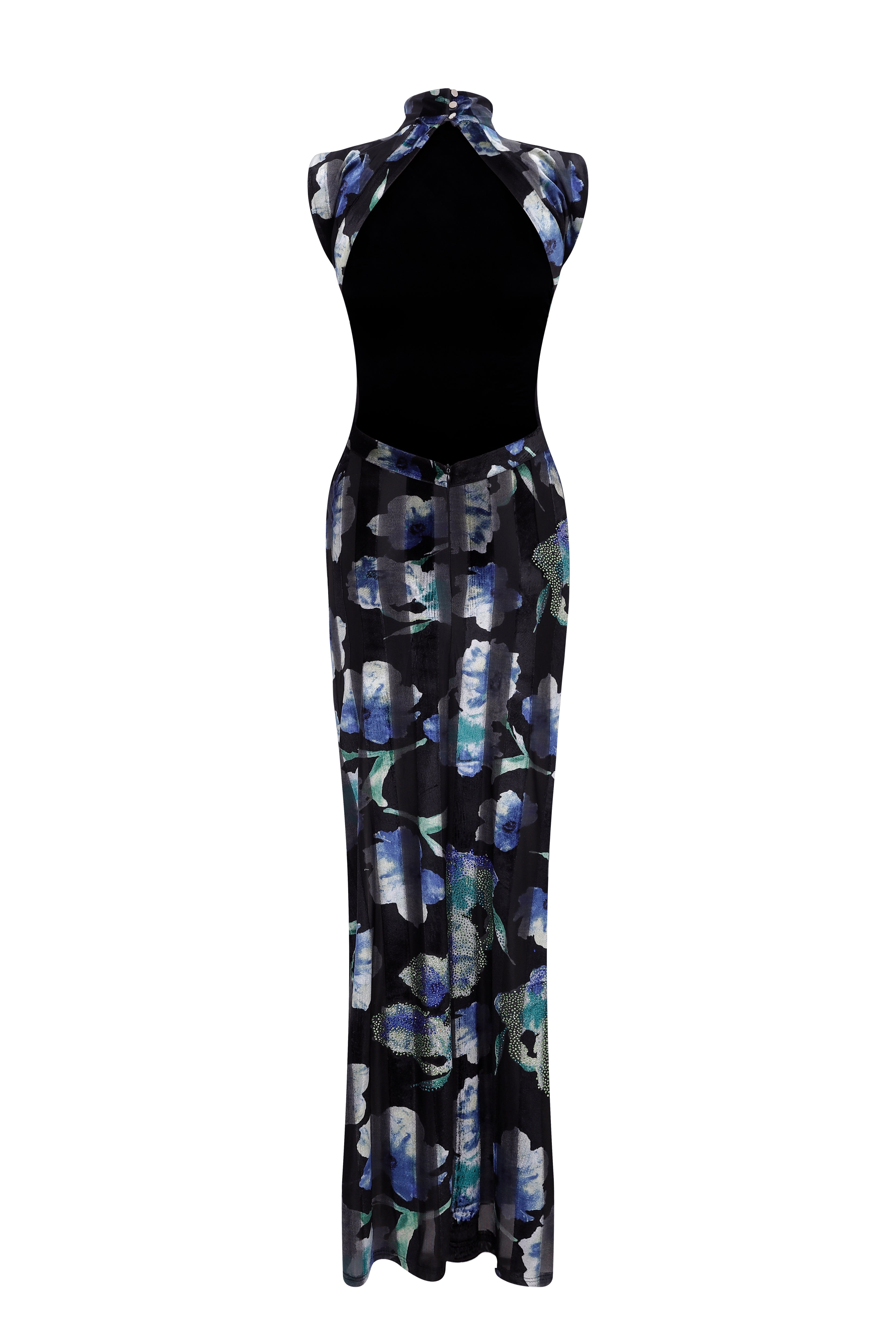 FW24-D-1007-Printed Red-34 raisa_vanessa stretchy-velvet-flower-patterned-stone-printed-halter-neck-gown