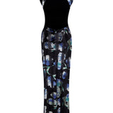 Stretchy Velvet Flower Patterned Stone Printed Halter Neck Gown