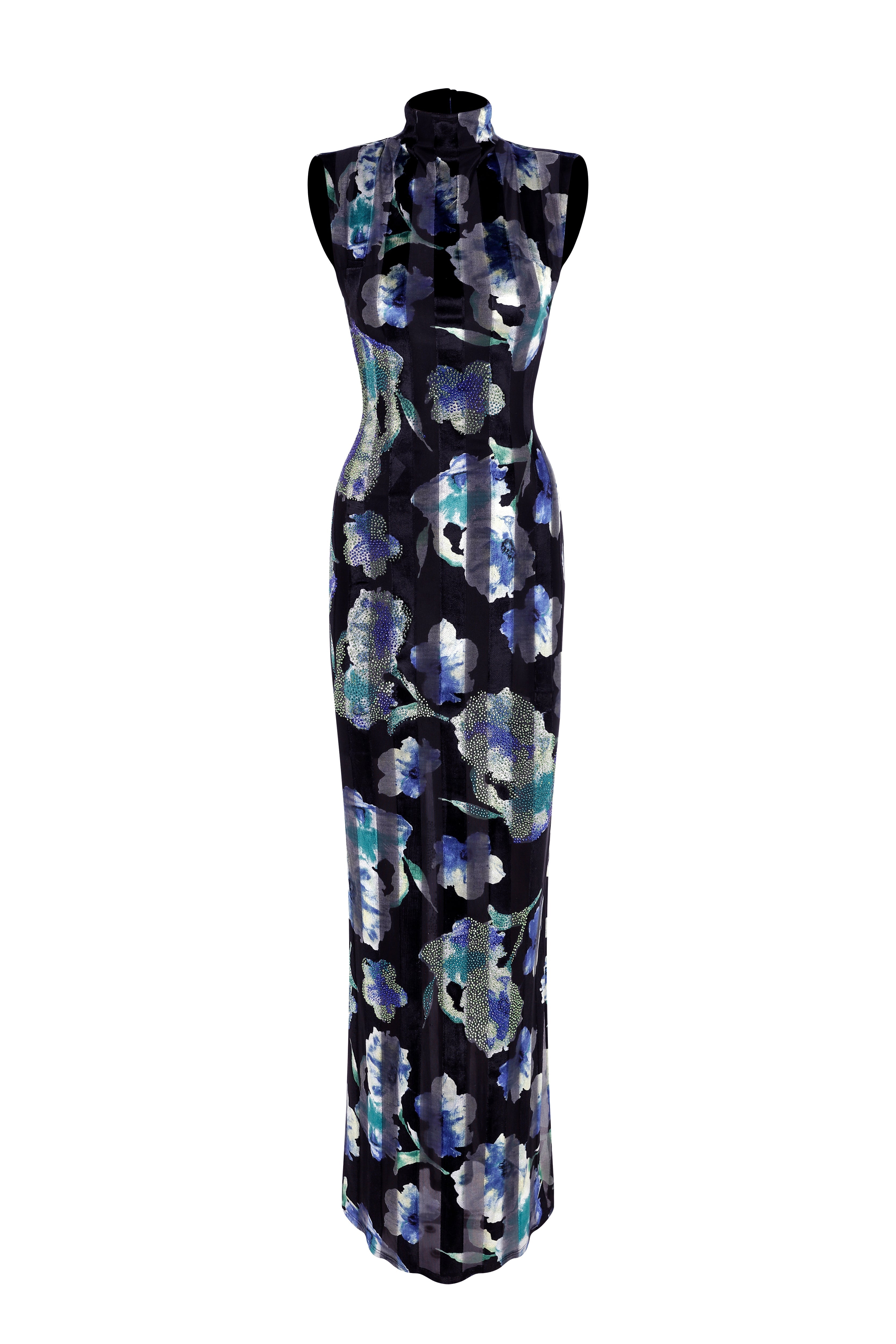 FW24-D-1007-Printed Blue-44 raisa_vanessa stretchy-velvet-flower-patterned-stone-printed-halter-neck-gown