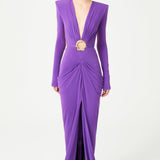 Lilac V-Neck Draped Maxi Dress With Metallic Accessories