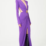 Lilac V-Neck Draped Maxi Dress With Metallic Accessories