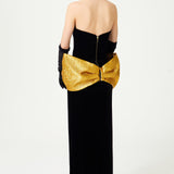 Black Velvet Strapless Dress With Handmade Gold Flower Detail