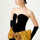 Black Velvet Strapless Dress With Handmade Gold Flower Detail