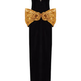 Black Velvet Strapless Dress With Handmade Gold Flower Detail