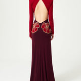 Multi Color Stretchy Backless Gown With Gold Flower Embellishments