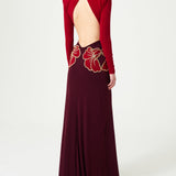 Multi Color Stretchy Backless Gown With Gold Flower Embellishments