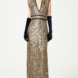 Antic Gold & Silver Hand-Embroidered Silk Chiffon Gown With Black Velvet Details