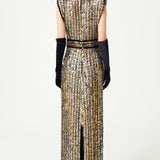 Antic Gold & Silver Hand-Embroidered Silk Chiffon Gown With Black Velvet Details