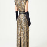 Antic Gold & Silver Hand-Embroidered Silk Chiffon Gown With Black Velvet Details