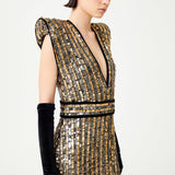 Antic Gold & Silver Hand-Embroidered Silk Chiffon Gown With Black Velvet Details