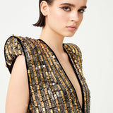 Antic Gold & Silver Hand-Embroidered Silk Chiffon Gown With Black Velvet Details