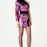 Bird Patterned Sequin One Shouldered Mini Dress With Black Velvet Details