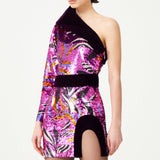 Bird Patterned Sequin One Shouldered Mini Dress With Black Velvet Details