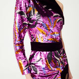 Bird Patterned Sequin One Shouldered Mini Dress With Black Velvet Details