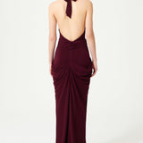 Burgundy Halter Neck Draped Backless Gown With Gold Buckle Detail