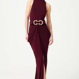 Burgundy Halter Neck Draped Backless Gown With Gold Buckle Detail