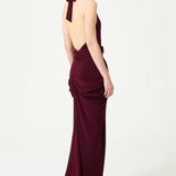 Burgundy Halter Neck Draped Backless Gown With Gold Buckle Detail