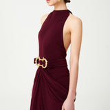 Burgundy Halter Neck Draped Backless Gown With Gold Buckle Detail