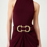 Burgundy Halter Neck Draped Backless Gown With Gold Buckle Detail