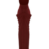 Burgundy Halter Neck Draped Backless Gown With Gold Buckle Detail