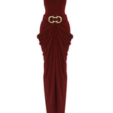 Burgundy Halter Neck Draped Backless Gown With Gold Buckle Detail