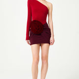 Burgundy Red Stretchy One Shouldered Mini Dress With Velvet Flower Detail