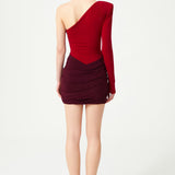 Burgundy Red Stretchy One Shouldered Mini Dress With Velvet Flower Detail