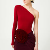 Burgundy Red Stretchy One Shouldered Mini Dress With Velvet Flower Detail