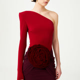 Burgundy Red Stretchy One Shouldered Mini Dress With Velvet Flower Detail