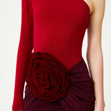 Burgundy Red Stretchy One Shouldered Mini Dress With Velvet Flower Detail