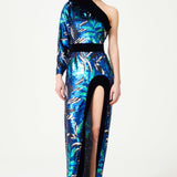 Flower Patterned Sequin Woven Lycra One Shouldered Gown With